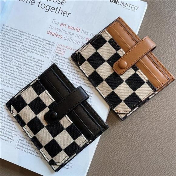 Slim Checkered Wallet for Women Canvas Card Holder with ID Window and Cash Slot - Picture 3 of 7